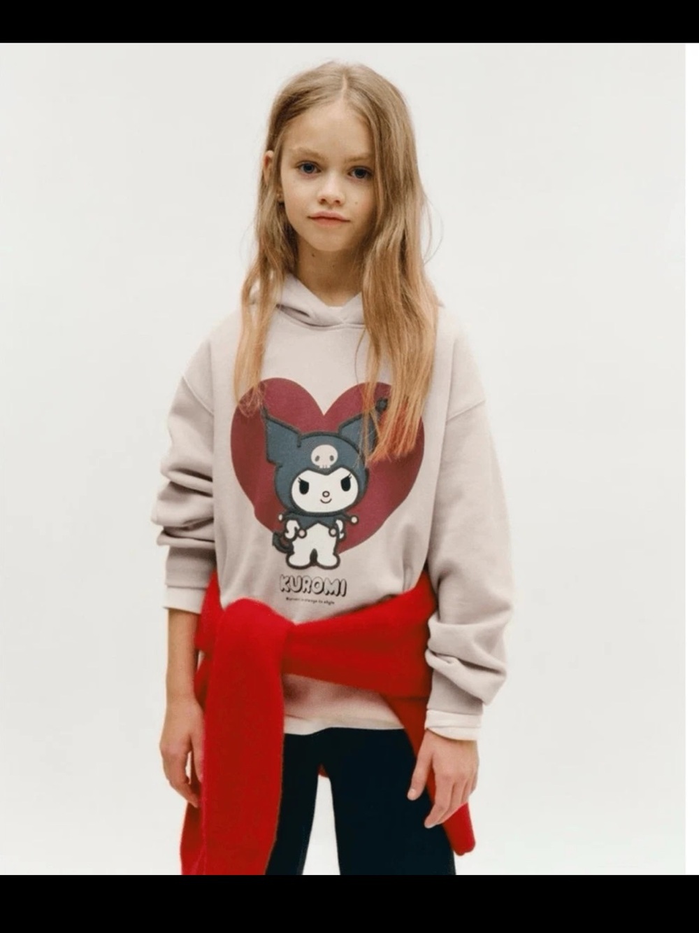 Zara Girls Light Beige Kuromi Graphic Hoodie with Red Accent